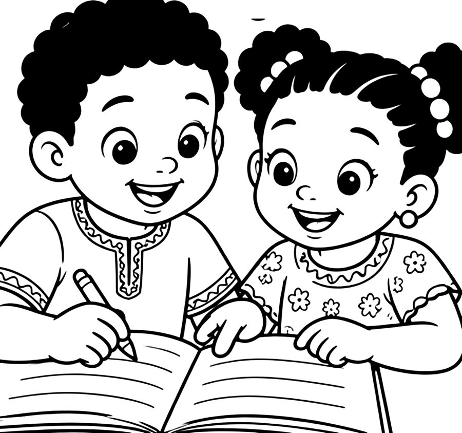 Deux enfants qui colorient ensemble un cahier